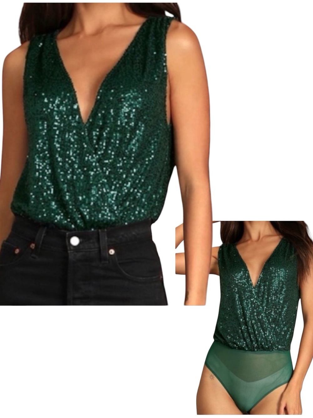 NWT Lulus Emerald Green Sequin dramatic sexy Cowl Back Bodysuit Sz S